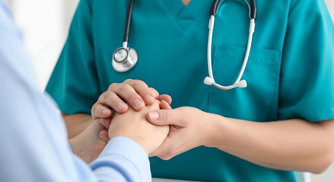 Compassionate healthcare professional holds patient's hand for support and comfort