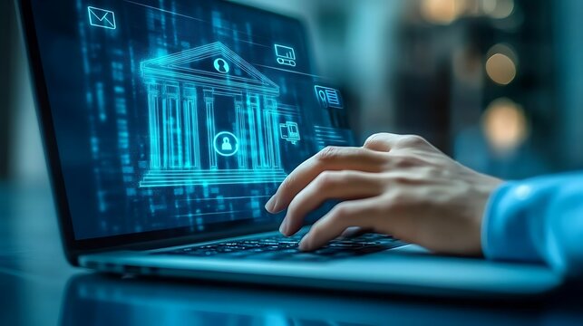 Secure Online Transactions: Person Typing on Laptop with Holographic Interface for Data Security and Access.