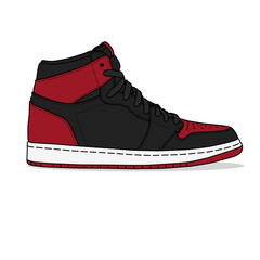 Red and black sneakers, outlined and isolated on a white background. Suitable for commercial purposes.