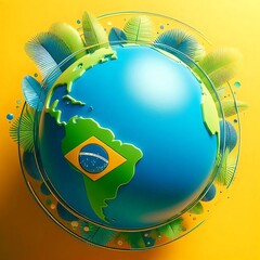 Globe with Brazil Flag and Fireworks – National Day Global Concept