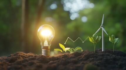 Sustainable Future: Light Bulb, Plant Growth, and Wind Turbine Symbolizing a Positive Environmental Trend and Renewable Energy.