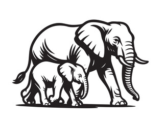 Mother elephant and baby walk side by side in a bold black and white vector illustration. Perfect for wildlife prints, logos, tattoos, or apparel designs.