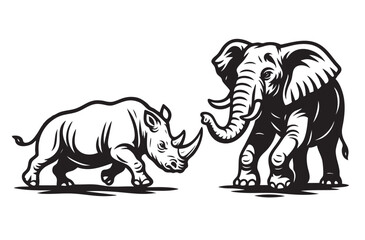 Bold black and white vector of a fierce rhino facing a powerful elephant, both in action poses. Great for prints, logos, and wildlife themed artwork.