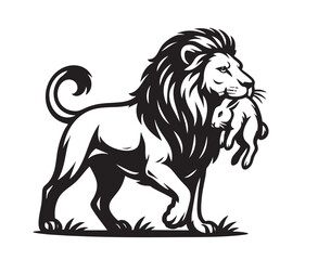 Bold black and white vector of a lion holding a rabbit in its mouth, showcasing predator and prey dynamic. Ideal for wildlife art, logos, or education use.