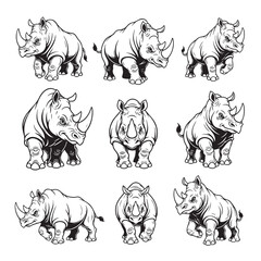 Collection of rhinoceros illustrations in various poses standing, charging, and frontal views. Perfect for wildlife art, logos, and educational designs. Animals.