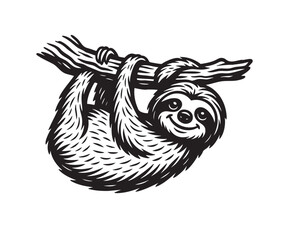 Cute smiling sloth hanging from a tree branch in a playful pose. Black and white vector style perfect for prints, logos, stickers, and merchandise.  Wildlife Animals.