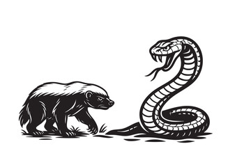 A fierce mongoose confronts a venomous cobra in a tense black and white vector illustration. Bold lines, perfect for prints, logos, or tattoos.  Wildlife Animals.