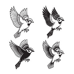 Set of four flying sparrows in black and white vector style. Beautiful detailed illustrations perfect for prints, logos, stickers, and tattoo designs. Birds are flying.