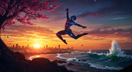 Person Leaping Against City Skyline and Ocean at Sunset