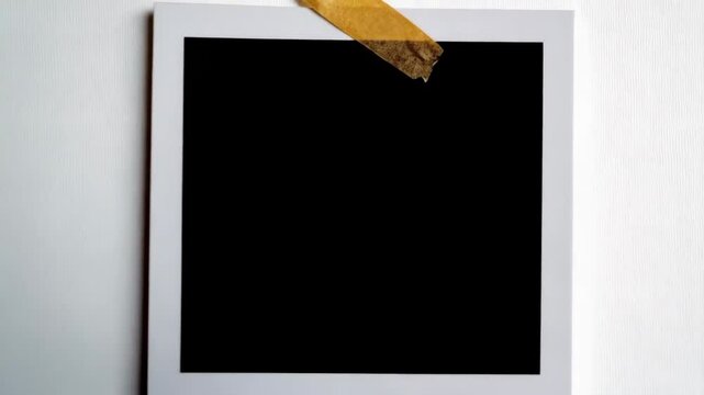 Blank instant photo frame affixed to a white wall with adhesive tape provides a nostalgic template for creative projects.