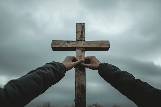 Christian Congregation hands Worship God together in front of wooden cross in cloudy sky