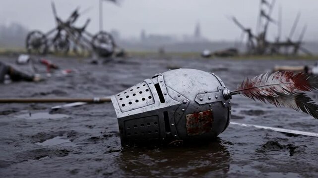 Medieval knight's helmet with a feather lies in the mud on a desolate battlefield after a battle, with siege weapons in the background, symbolizing defeat, loss, and the grim aftermath of war