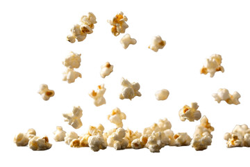 Flying popcorn kernels isolated on transparent background, PNG