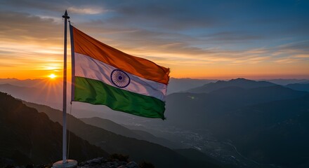 Flying Flag Above Mountains at Colorful Sunset View