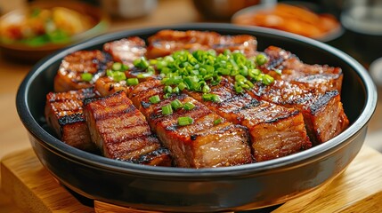 Deliciously plated pork with green onions in a black bowl. AI-generated.