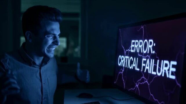 Man screams in despair, clutching his head, as his computer monitor displays a glaring "ERROR: CRITICAL FAILURE" message in a dark room, representing system crash or intense tech frustration