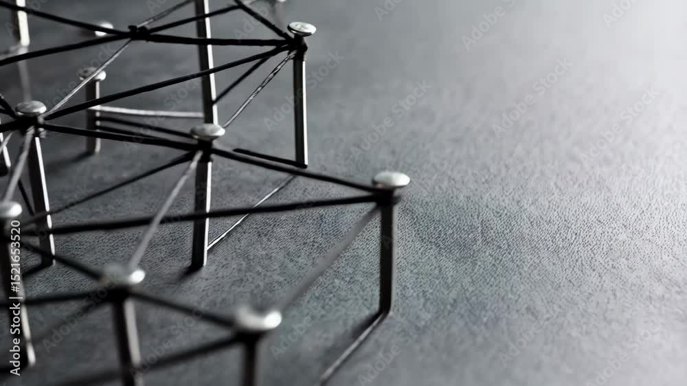 Poster abstract connection network using pins and string forming interconnected web, visualizing communicat