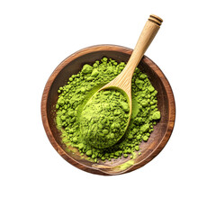 Green Matcha Powder with Spoon and Leaves – Transparent Background
