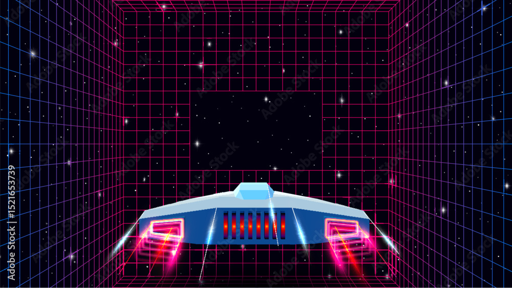 Poster arcade space ship flying through the triangular gate, 80s style synthwave or retrowave illustration