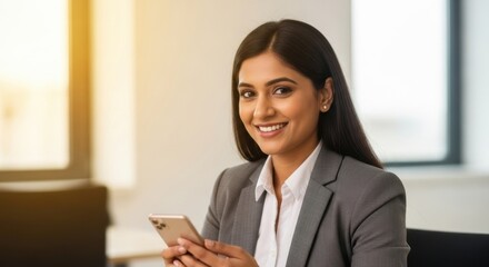 Young professional woman smiling confidently while using smartphone in modern office setting