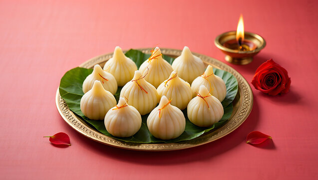 Sweet modak indian dessert on brass plate with rose and diya