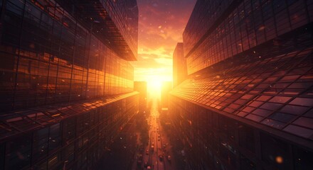 City Street at Golden Sunset Between Tall Buildings