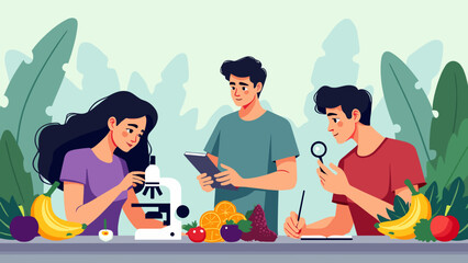 Biochemists Inspect Fruit Quality – Scientific Stock Illustration with Magnifying Glass and Lab Analysis