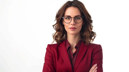 perfectly composed portrait of a businesswoman wearing glasses and a sleek maroon suit 