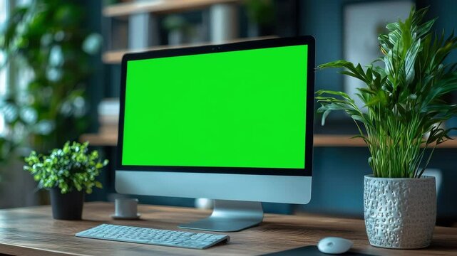 Computer Mockup with Green Screen on Wooden Desk Surrounded by Indoor Plants