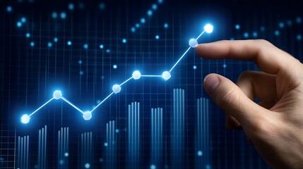 Ascending Trend Visualized with a Finger Guiding a Glowing Line Chart on a Dark Grid Backdrop.
