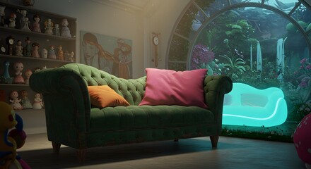 Cozy Living Room with Garden View and Green Sofa