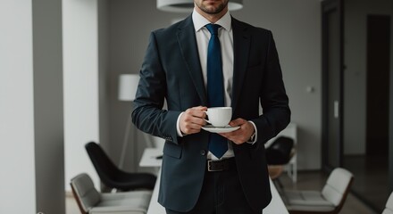 Businessman holding a cup of coffee while standing in modern office  