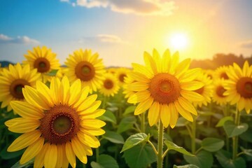 Fototapeta premium A vibrant sun shines on a field of blooming sunflowers, radiating joy and optimism The bright yellow blossoms evoke feelings of pure, unadulterated happiness and positive energy , life, peaceful, joy