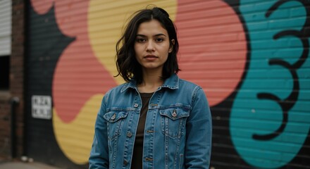 Young woman standing confidently in front of colorful mural  