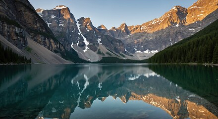 Mountain landscape reflecting in calm lake during sunrise  