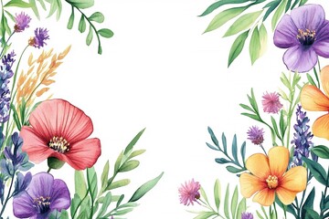 Obraz premium Floral border. The watercolor illustration features assorted wildflowers, grass, and greenery--a colorful flower