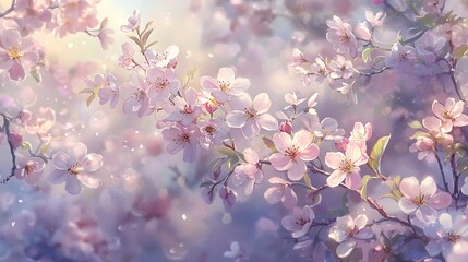 Delicate Pink Blossom Tree Branches in Springtime with Bokeh Light and Pastel Colors Background Photography.