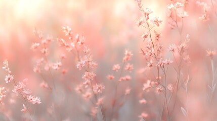 Delicate Pink Flowers in Soft Focus: A Dreamy Floral Meadow Scene with Pastel Colors and Gentle Light.