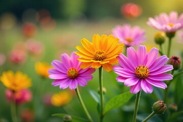 Obraz premium A vibrant cluster of wildflowers bursting with color, swaying gently in a summer breeze Nature's beauty captured in a delightful bunch, perfect for spring or summer themes , leaf, field