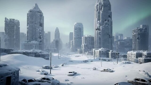 Ruined skyscrapers and abandoned cars covered in snow under a cold sky with aurora, depicting a post-apocalyptic urban winter landscape for themes of desolation and survival