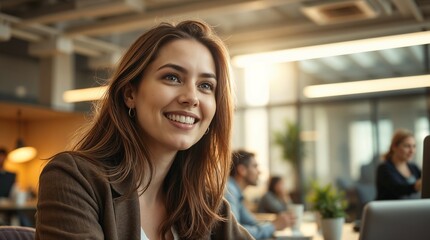 Smiling young business woman listening her partner on coworking space