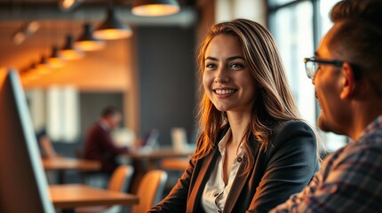 Smiling young business woman listening her partner on coworking space