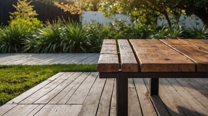 Rustic Wooden Picnic Table in a Serene Garden with Lush Greenery Around