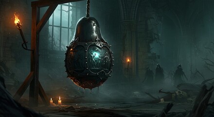 Hanging Metal Device in Dark Dungeon with Figures