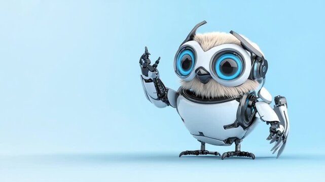 A futuristic robotic owl character with large blue eyes, standing on a light blue background, showcasing innovation