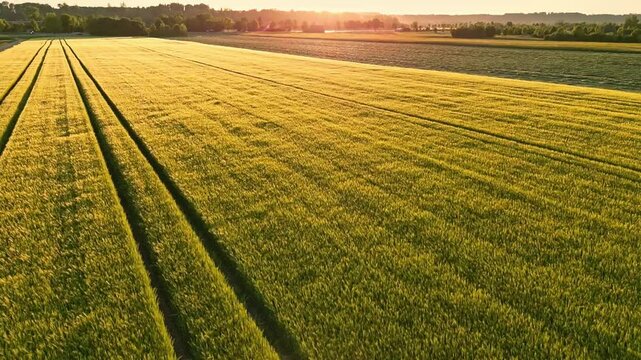 Drone footage of a wheat field in Bavaria at sunset