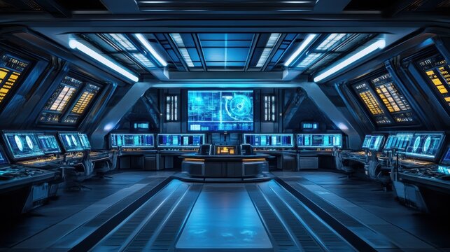 A futuristic underground bunker with a large, open command center, filled with glowing screens and holographic displays