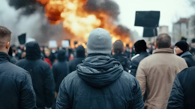 City unrest bloom: riot flame, blocked road, protester cry, explosive blast, smoke swirl, officer shield, chaotic movement, broken pavement, fire streak, urban tension, civil strike