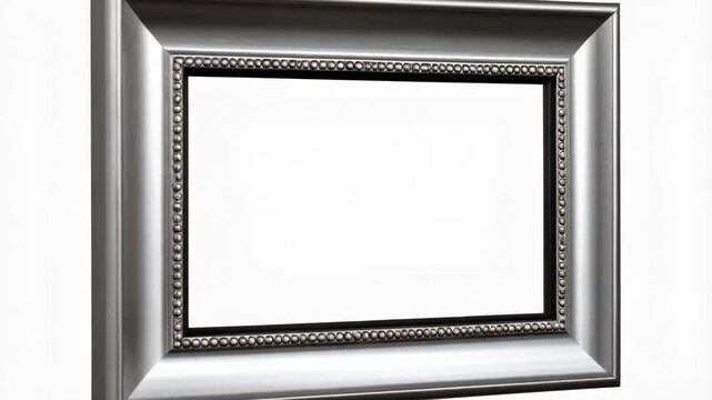 Empty silver picture frame with beaded trim, set against a bright white backdrop, angled slightly toward the viewer for depth.