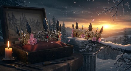 Two Crowns at Sunset in Snowy Winter Landscape with Castle Drawing